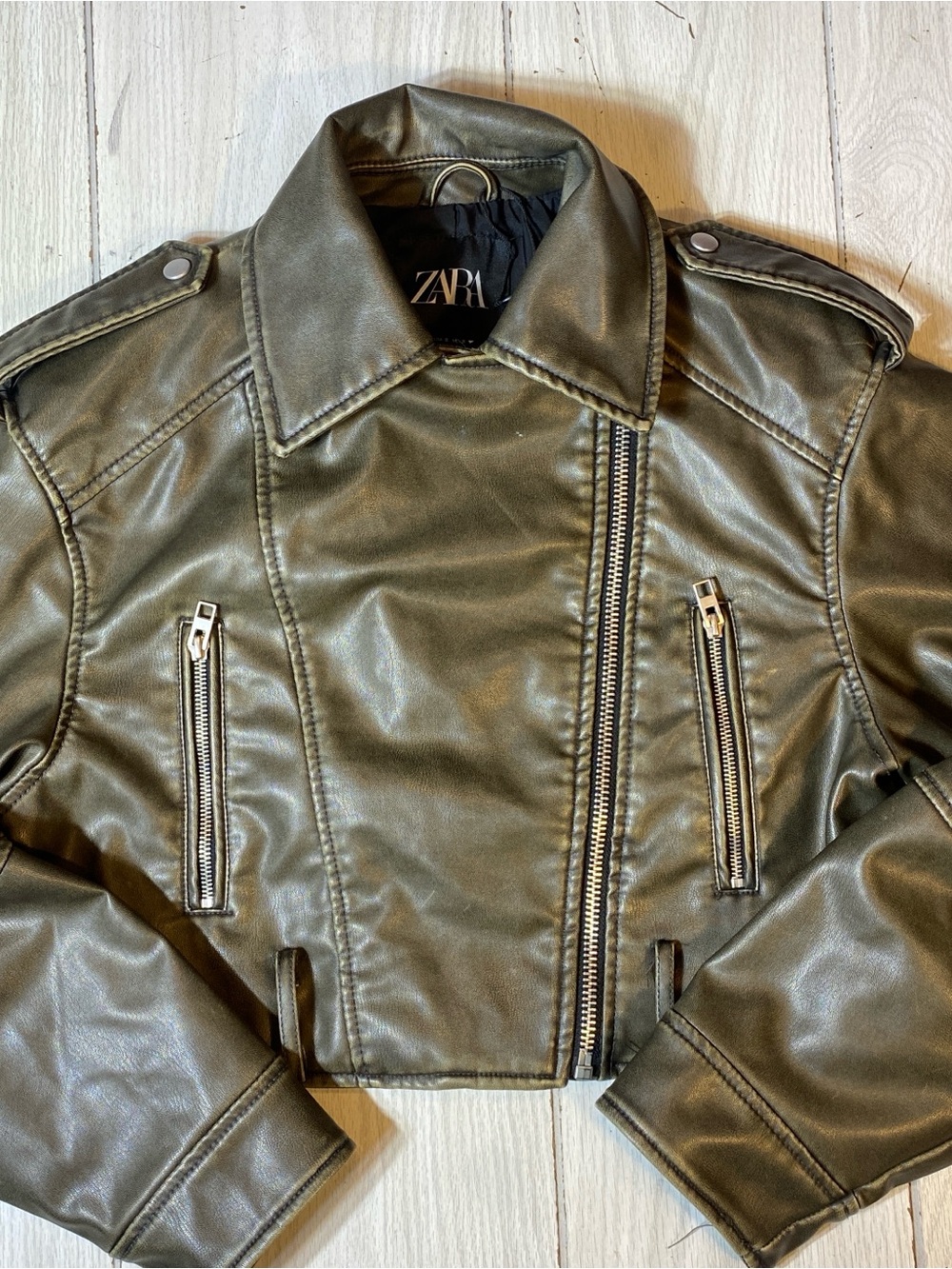 ZARA Faux Leather Biker Moto Jacket Women's Size S Small Olive Green Distressed